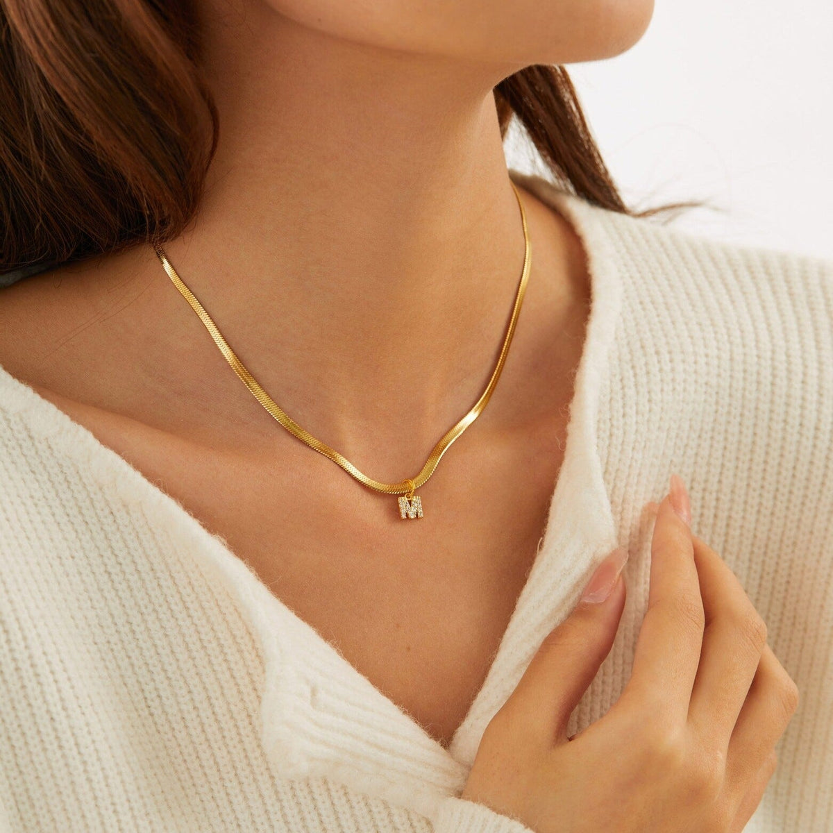 Collana a spina di pesce Melly® con iniziale e zirconi (Set)